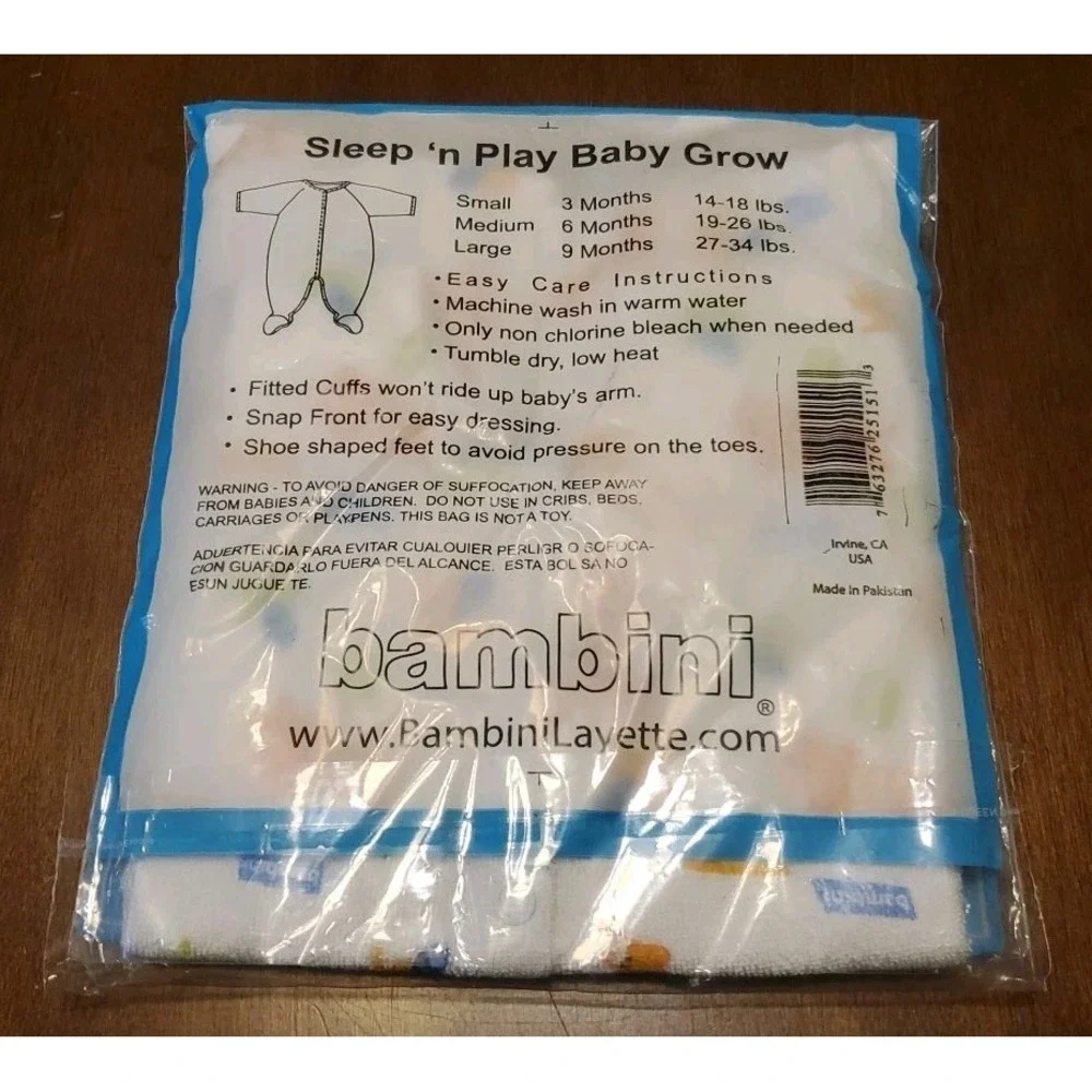 Bambini Sleep n Play Baby Grow Size Small 0-3 Months One Piece Pajamas Animals
